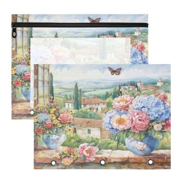 Imagem de SEHANY Pasta de lápis de flores de jardim com 3 anéis - bolsa de documentos com zíper tamanho A4 com janela transparente para sala de aula, escritório, 2 peças