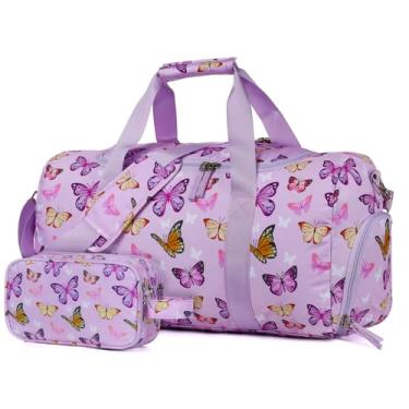 Imagem de Vipdeal Bolsa infantil para viagem, bolsas grandes de fim de semana com bolsa de higiene infantil com compartimento para sapatos de mão, Borboleta, roxo, Bolsa infantil com conjunto de bolsa de