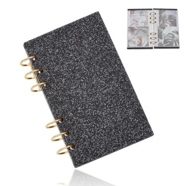 Imagem de AHANDMAKER Capa para fichário de 6 anéis, capa de álbum A6 preta com glitter e 10 folhas, capa recarregável com mangas transparentes, protetor de caderno, acessórios de encadernação