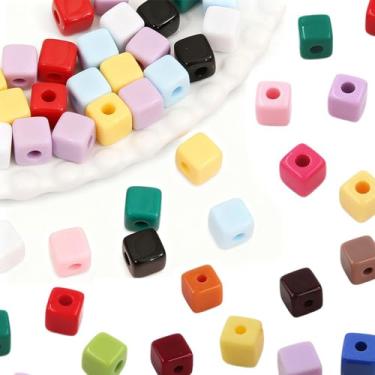 Imagem de 200 peças Juimtien contas de cubo de acrílico coloridas 7 mm pingentes quadrados para fazer joias, brincos faça você mesmo, pulseiras, colares, chaveiros artesanais