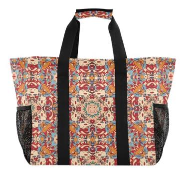 Imagem de Kigai Sacolas de mercearia reutilizáveis, estampa de azulejo mexicano, grande, sacola de compras, resistente à água, bolsa de piscina dobrável para roupas, sapatos e piqueniques