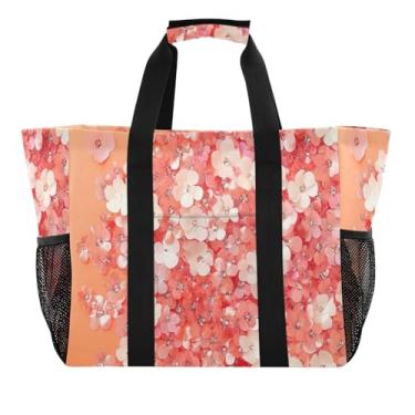Imagem de Wassud Sacolas de compras reutilizáveis com estampa de lantejoulas de flores, grande bolsa organizadora de lona à prova d'água para praia, piquenique, lavanderia, viagem