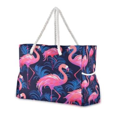 Imagem de Wassud Bolsa de praia linda flamingo grande bolsa de praia para mulheres, impermeável, à prova de areia, bolsa de viagem com zíper e bolso para piscina academia acampamento