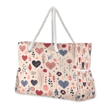 Imagem de Wassud Bolsa de praia colorida em forma de corações grandes bolsas de praia para mulheres, à prova d'água, à prova de areia, bolsa de viagem com zíper e bolso para piscina, academia, acampamento