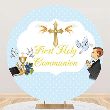 Imagem de Leyiyi 2,2 x 2,2 m First Holy Communion pano de fundo redondo Mi Primera Comunion Blue Circle pano de fundo Mi Bautizo Gentleman Boy Batismo Party Pano de fundo para fotografia God Bless Batizado