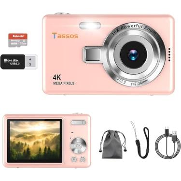 Imagem de Câmera digital 1080P FHD 4k com tela LCD de 2,4", compacta e portátil para vlogs e fotos, com cartão SD de 32GB e zoom digital de 16x para adolescentes, estudantes e iniciantes. (Rosa)
