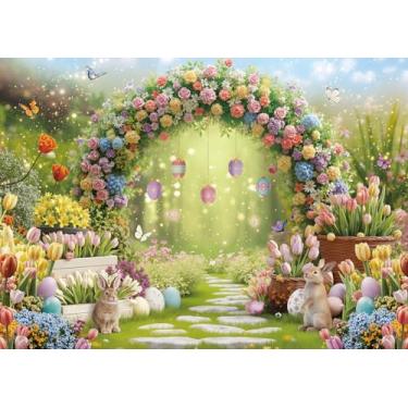 Imagem de Pano de fundo de Páscoa para fotografia 20 x 1,8 m primavera jardim céu azul coelho ovos flores fundo para crianças decoração primavera festa de Páscoa adereços de foto