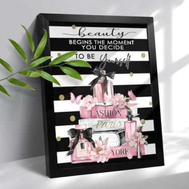 Imagem de Decoração de banheiro rosa emoldurada arte de parede moderna preto branco listrado imagens de perfume decoração de parede flor rosa motivacional quetos feminino sala de maquiagem pintura de arte para