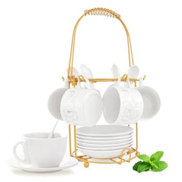 Imagem de MADOCEGO Suporte de xícara de chá, suporte de xícara de café de metal dourado, suporte de caneca de café, organizador dobrável para colher e pires de xícara de café