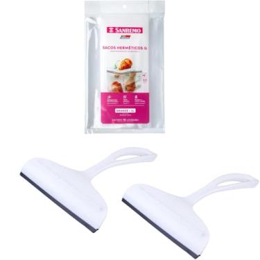 Imagem de Conjunto de 2 Rodo Plástico Multiuso Branco com Raspador 18cm + 1 Saco Abre e Fecha Hermético de 3 Litros