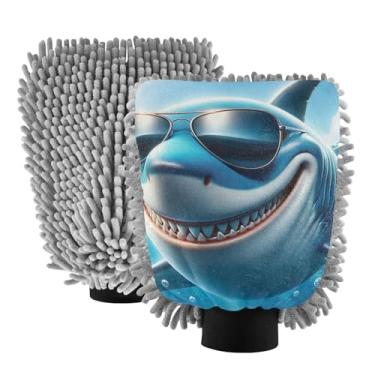 Imagem de ODAWA Luvas de microfibra para lavagem de carro, luva de desenho de tubarão para limpeza automotiva, 18 x 26 cm (pacote com 2)