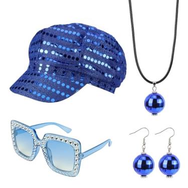 Imagem de XEPST Conjunto de acessórios para fantasia de discoteca dos anos 70 com brincos de chapéu de lantejoulas, óculos de sol, colar, discoteca, vestido extravagante, kit para mulheres, retrô, 70 e 80