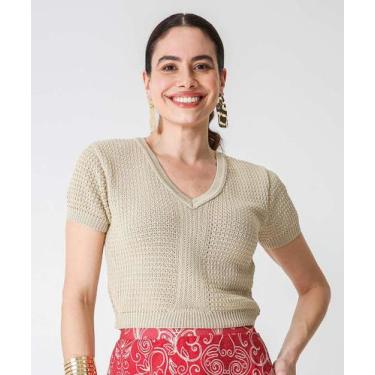 Imagem de Blusa Feminina Tricô Brilho Lurex Manga Curta Marisa B-74050, Bege, G