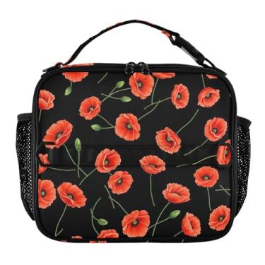 Imagem de Joisal Lancheira preta com flores de papoula vermelha para mulheres, meninas, lancheira masculina e infantil, lancheira para trabalho, reutilizável para alimentos, isolada para adultos