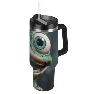 Imagem de Joisal Copos com tampa e canudos, copo de sapo verde engraçado com alça 1,134 g grande garrafa de água copo de aço inoxidável isolado para quente e frio