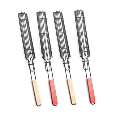 Imagem de Cesto para Grelhar Espetos de Kabob Cestos BBQ Antiaderente - Shish Aço Inoxidável Peixe Legume Salsicha Churrasco Construção Espessura Grossa com Cabos Madeira Fácil Limpar