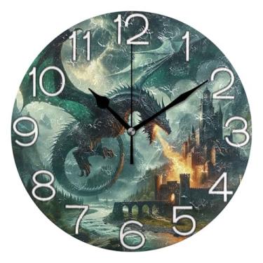 Imagem de GAIGEO Relógio de parede decorativo analógico operado por bateria relógio de sala de aula, decoração de parede de meados do século, sala de estar, dragão verde legal, 25 cm, ponteiros pretos