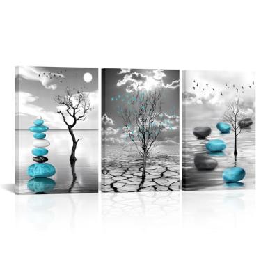 Imagem de LyerArtork 3 peças de arte de parede em tela azul Zen Stone Pictures Moderna decoração de parede para sala de estar quarto decoração de banheiro 40,6 x 60,4 cm x 71 cm