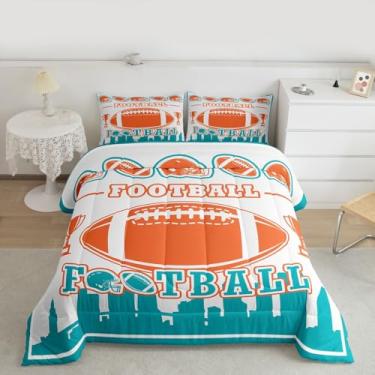 Imagem de Erosebridal Conjunto de edredom de futebol americano, tamanho casal, turquesa, futebol americano, cidade, para fãs de esportes, colcha de rúgbi azul-petróleo, branco, para competição, para todas as