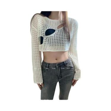 Imagem de Blusa De Crochê De Manga Longa Boho Feminina, Top Cropped De Verão Par