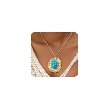 Imagem de Navirix Colar com pingente de turquesa ocidental, joia country, colar gargantilha grande dourada turquesa para mulheres, joia vintage grande oval para concertos pendurados, Large, Liga de aço, Sem