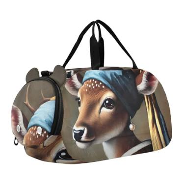 Imagem de Bolsa esportiva retrô para meninos, bússola de polvo, arte infantil, bolsas de viagem para meninas, Retrato elegante de pérola de veado, Clássico