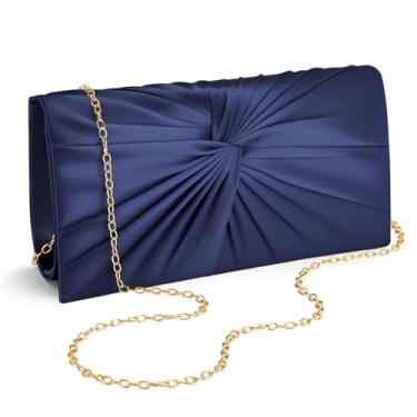 Imagem de XquiziFit Bolsa clutch feminina formal para noite com corrente removível de cetim torcido para festa de casamento, Azul marinho