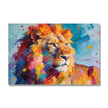 Imagem de NHLDZYH Respingo de tinta leão pintura em tela abstrata arte animal mural vívido chama a atenção para sala de estar decoração de casa moderna. A78. 30 x 45 cm. Apenas tela