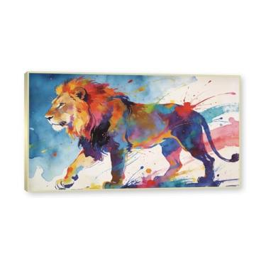 Imagem de NHLDZYH Moldura dourada. Quadro abstrato de leão - arte moderna com salpicos de cor vibrante - arte de parede energética para casa, escritório ou negócios - tela decorativa. A103. 70 x 125 cm.