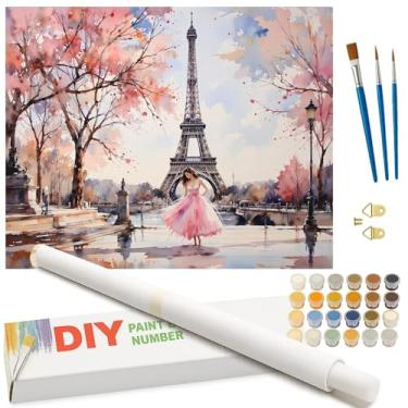 Imagem de Kit de pintura de paisagem de Paris por números para adultos – Pintura DIY feminina dançando da Torre Eiffel enrolada em tela 40,6 x 50,8 cm, conjunto de tinta acrílica, adequado para iniciantes, arte