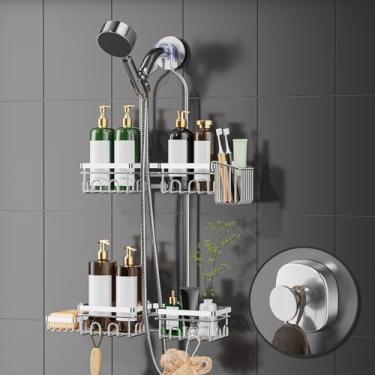 Imagem de DAOYA Suporte de chuveiro para pendurar – Suporte para cabeça de chuveiro, universal de 2 cm com 2 prateleiras, suporte de sabonete, suporte de escova de dentes e gancho de sucção reutilizável