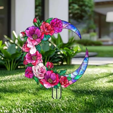 Imagem de Estacas de jardim Moonflower Decoração de jardim acrílico - Decoração de placa de acrílico de jardim 2D, arte de quintal de fantasia, presente para amantes da natureza, para vasos de flores internos e
