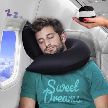 Imagem de Almofadas infláveis de viagem para aviões, carro e casa, novo design J, suporte de pescoço e queixo, firmeza ajustável. Travesseiro de pescoço inflável para viajar de avião, travesseiros de pescoço