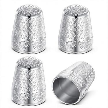Imagem de 4 peças de dedais de metal, dedais de costura para bordado à mão com padrão, dedal de costura prata para protetor de dedo, acessórios de acolchoamento manual