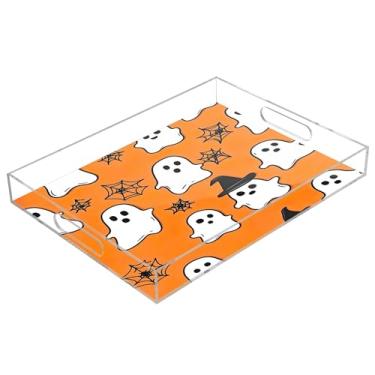 Imagem de xigua Bandeja de servir de acrílico fantasma de Halloween com alças à prova de derramamento, bandejas decorativas de festa de Halloween, bandeja organizadora de bancada para banheiro, cozinha, 30,5 x