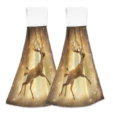 Imagem de Blueangle 2 peças de toalhas de gravata penduradas de veado dourado toalha de mão de cozinha absorvente de veludo coral macio pano de pano para cozinha e banheiro (321)