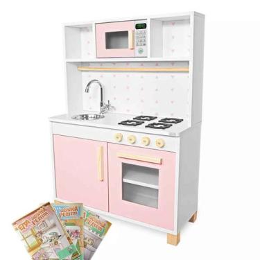 Imagem de Kit Livro Cozinha Infantil com Pia Fogão e Microondas - Rosa Bebê - Ei
