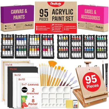 Imagem de Chalkola Kits de pintura acrílica de 95 peças para adultos, crianças, artistas e iniciantes | Suprimentos profissionais de pintura em tela com conjunto de 64 tintas acrílicas, pincéis de arte, tela