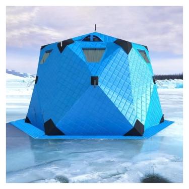 Imagem de Barraca de abrigo portátil para pesca no gelo para 6 a 10 pessoas, 2,6 x 2,6 m com macaco de fogão e tapete de chão - Equipamento de acampamento de inverno durável para aventuras de pesca ao ar livre