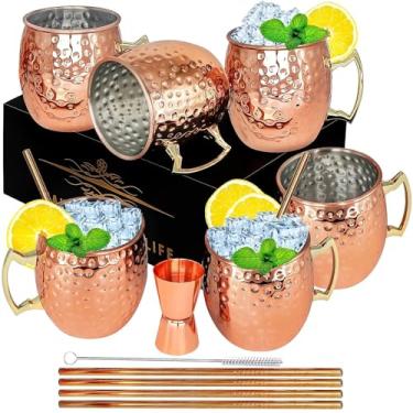 Imagem de Canecas de cobre Moscow Mule - Conjunto de 6 canecas de aço inoxidável banhadas a cobre 510 g, para bebidas geladas (pacote com 6)