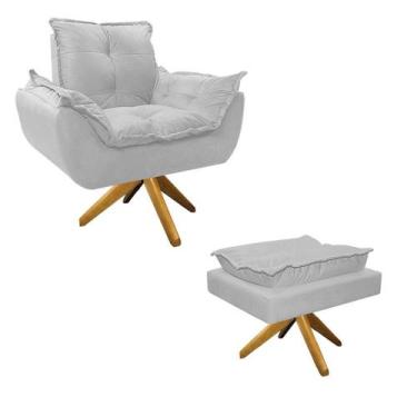 Imagem de Kit Poltrona e Puff Opala Base Giratória de Madeira Suede Branco - Doc