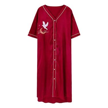 Imagem de 3FLQOOPP Roupão feminino de cetim rayon vestido de noite fino vestido de noite estampado solto camisola de dormir (vermelho grande)