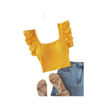 Imagem de Camiseta Feminina De Verão Com Decote U, Sem Mangas, Em Tecido Texturi