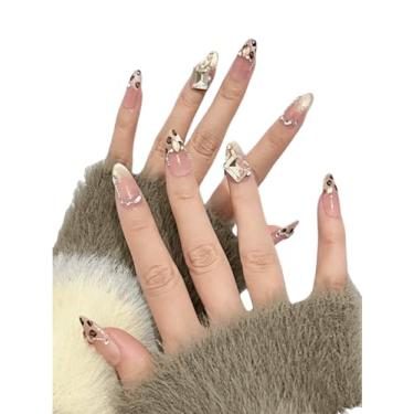 Imagem de Unhas prensadas de amêndoa média - 10 peças 3D feitas à mão estilo ponta francesa com strass olho de gato, unhas falsas para mulheres, tamanho G