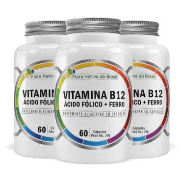 Imagem de Kit 3 Vitamina B12 com Ácido Fólico e Ferro 60 Cápsulas Flora Nativa