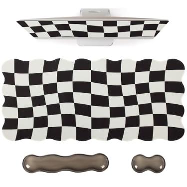 Imagem de L-SPOUTTO Conjunto de mouse pad xadrez preto, tapete de mesa XXL recortado + descanso de pulso ergonômico para mouse + descanso de pulso de teclado de gel para teclado 65%/75%, almofada de mesa grande