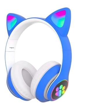 Imagem de Fone de Ouvido com Orelha de Gatinho Infantil com Luzes RGB nas Orelhinhas e Patinhas Para Crianças Tamanho Ajustável Dobrável Headphone Bluetooth Conectividade Multiuso Premium (Azul)