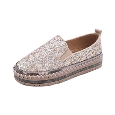 Imagem de WXLZBNFKG Tênis feminino de strass com glitter, moderno, confortável, sem cadarço, sem cadarço, caminhada, vestido de casamento, sapatos casuais, Dourado, 37