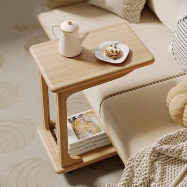 Imagem de Mesa de canto de madeira maciça com rodinhas | Mesa lateral em forma de C para espaços pequenos | Bandeja de TV | Sala de estar, quarto | Mesa de sofá que desliza embaixo