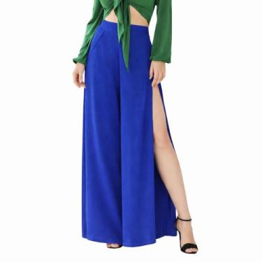 Imagem de Calça Envelope Feminina Fendas Laterais Cintura Alta Tribo Livre, Azul